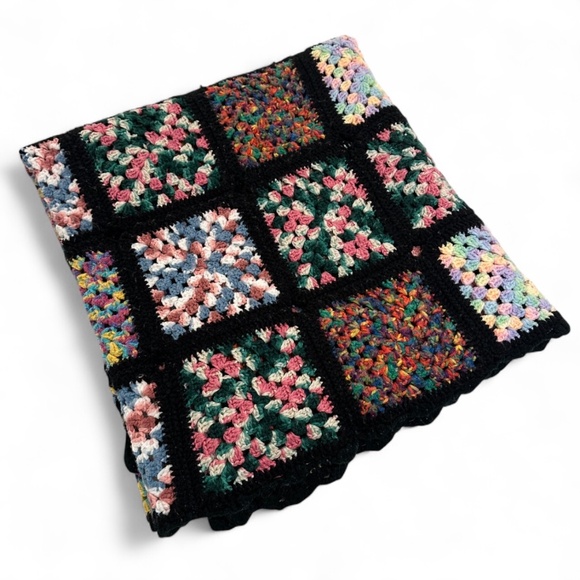 Vtg Handmade Crochet Granny Square Blanket Afghan Throw Black Multicolor 44x80" - Picture 1 of 6